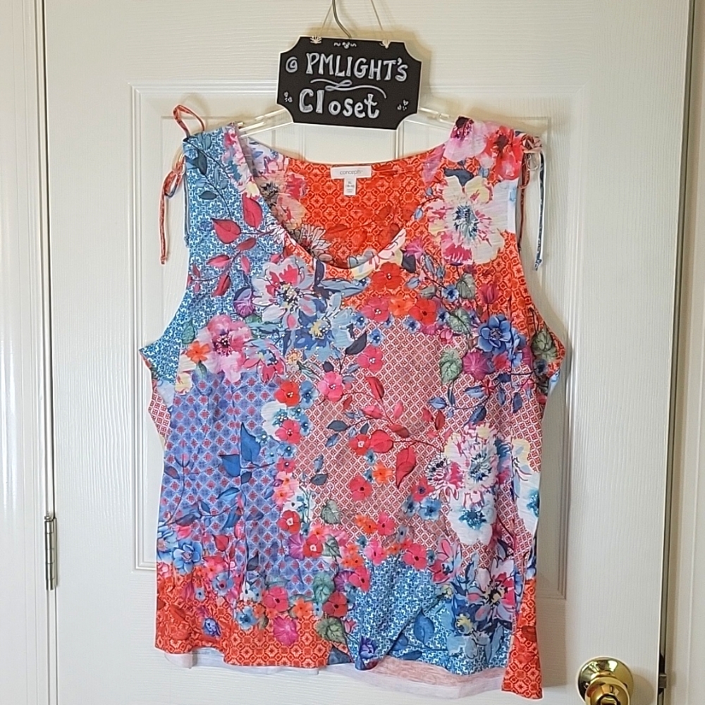 Concepts Top XL Sleeveless with Ties on Shoulders Rhinestones Orange Blue